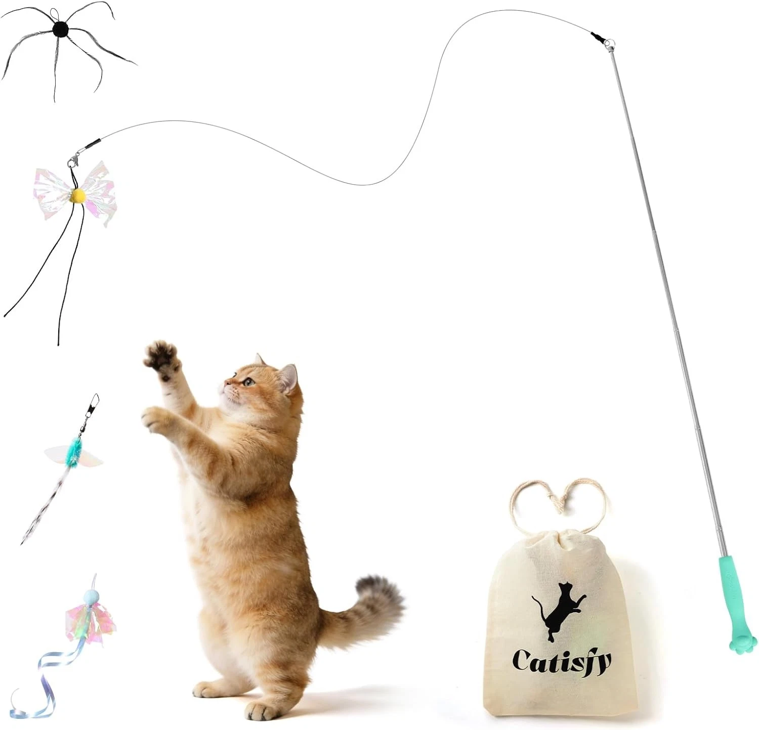 Cat Wand Toy – Retractable Wand W/ 4 Feather Toy Refills Indoor Cats Enrichment