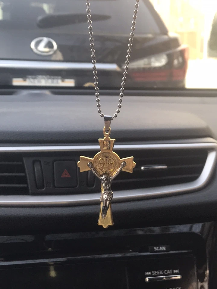 Colgante colgante colgante decoración espejo retrovisor coche cruz crucifijo Jesús (oro) Foto 3 de 4