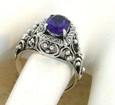 GENUINE AMETHYST VINTAGE STYLE 925 SOLID STERLING SILVER FILIGREE RING   267z