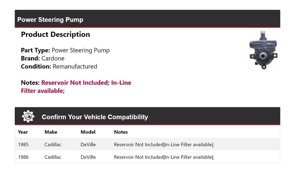 Bomba de dirección asistida Cardone para Cadillac DeVille 1985-1986 Foto 2 de 4