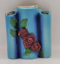 Vintage Wall Pocket Pottery Roses Flowers Hanging Vase Blue Red 3 Sections 