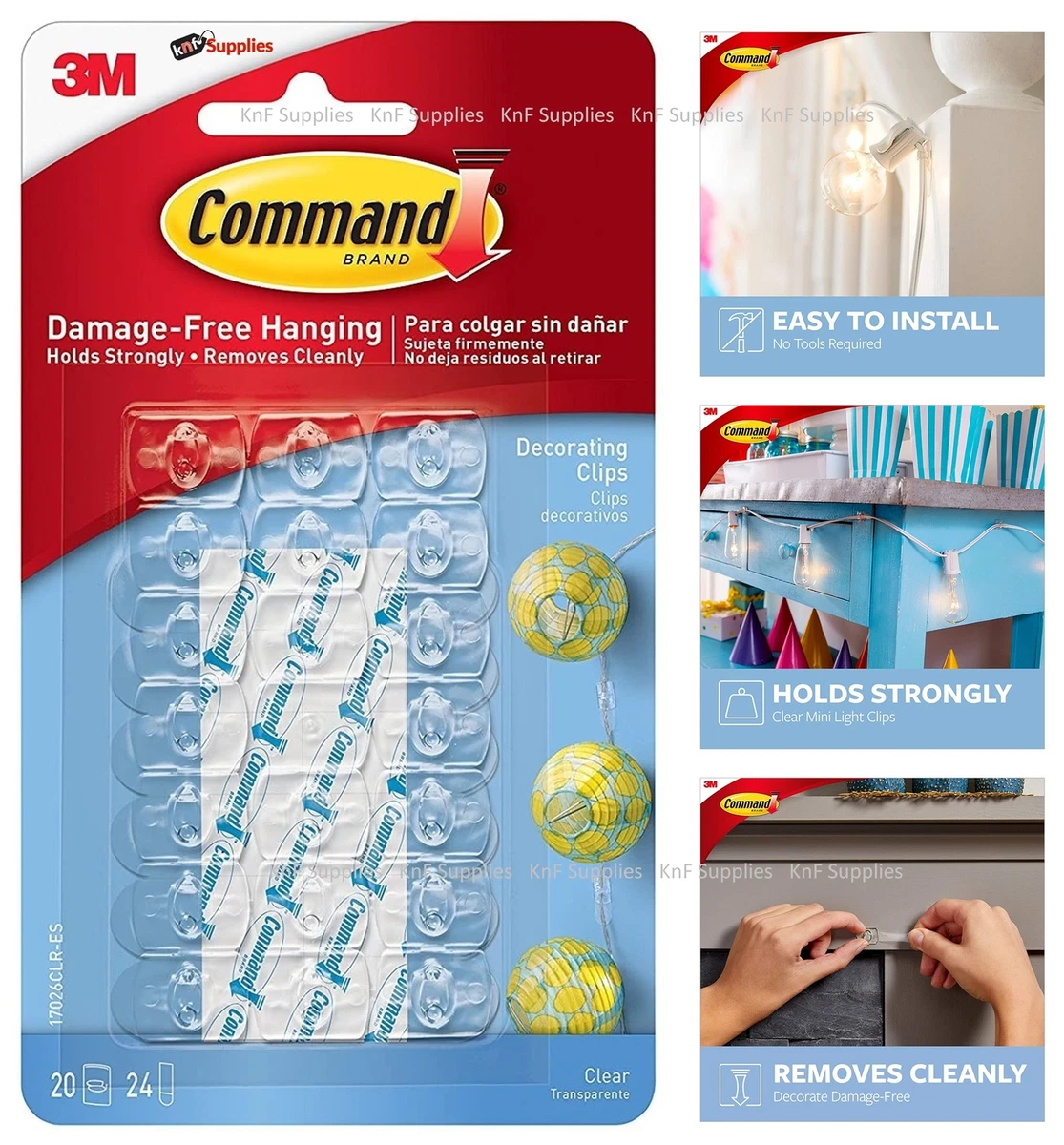 3M Command Decorating Hooks Clips Self-Adhesive Strips Wall Hanging Fairy  Lights