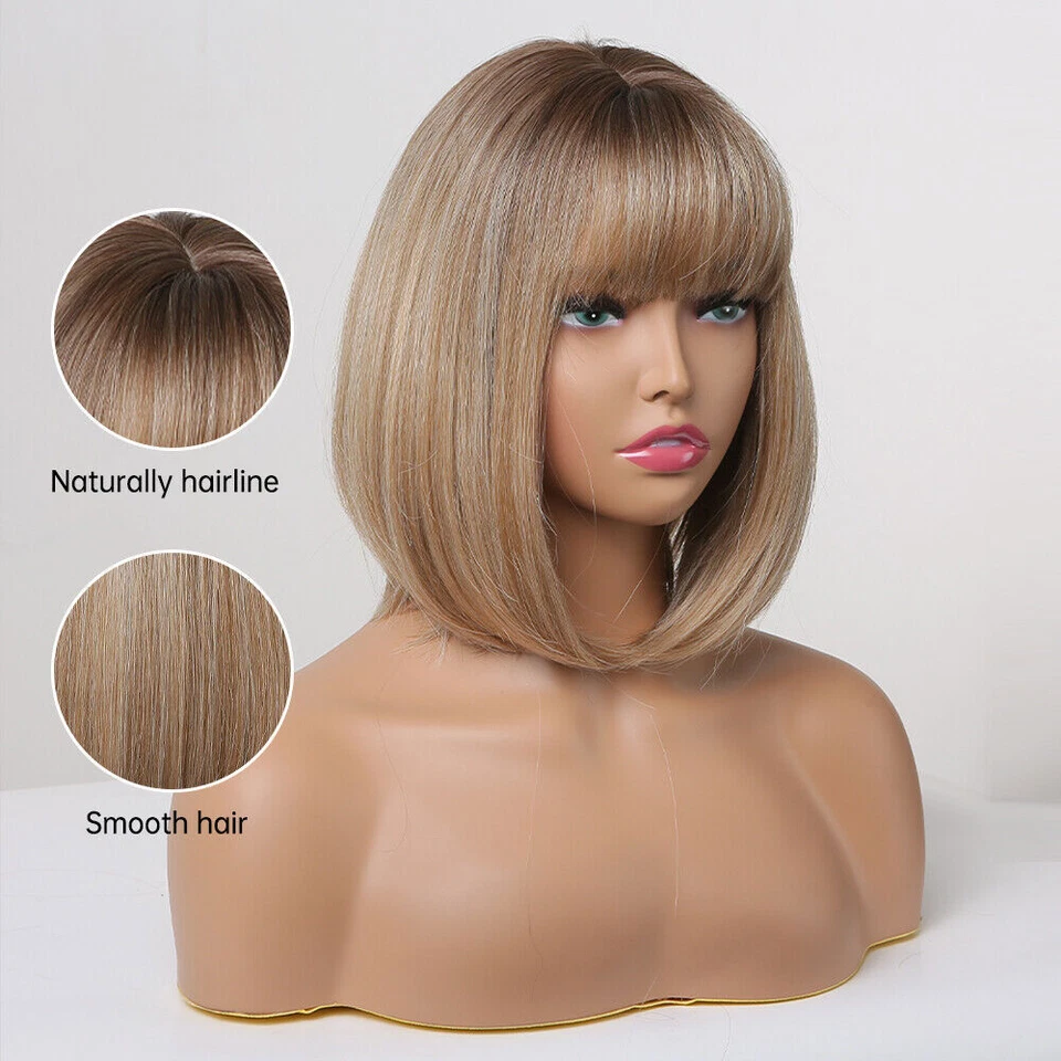 Short Straight Bob Synthetic Wigs with Bangs Brown Blonde Daily Wig for Women - Image 2 of 4