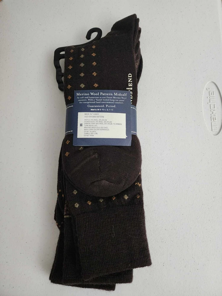 全新 复古 Lands End 男式 中号 美利奴羊毛图案 正装袜 - Midcalf 3 件装 — 第 2/3 张图片