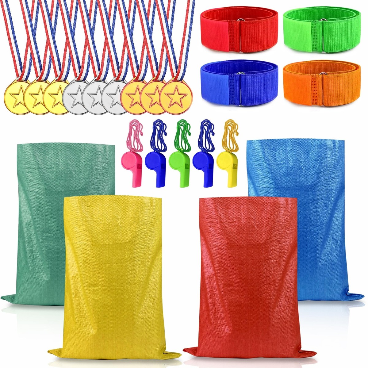 XIPEGPA Outdoor-Spielset – 4 Kartoffel-Rennbeutel + 4 Dreibeinige Rennbänder + Medaillen & Pfeifen Für Partys