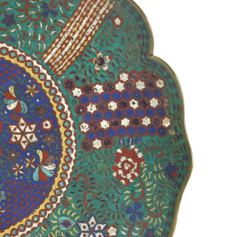 Antique Japanese Cloisonne Scalloped Edge Charger with Geometric Floral Design - Image 2 of 4