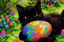 ACEO Mini *Art Print* Black Cat Kitten & Big Easter Egg Flower Garden - Saulite