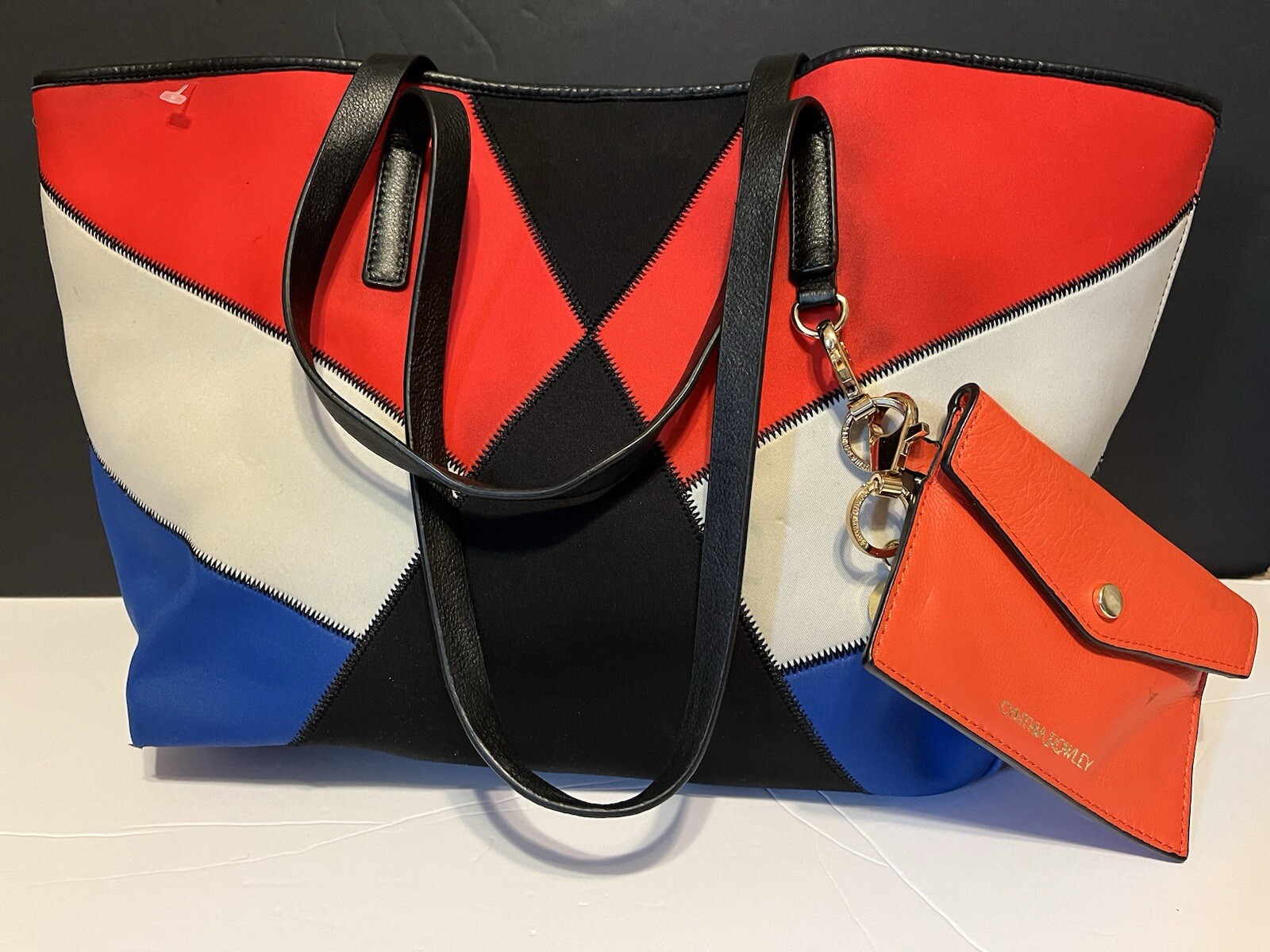 Cynthia Rowley Neoprene/Leather Tote Shoulder Bag Color Block Blue Black Red