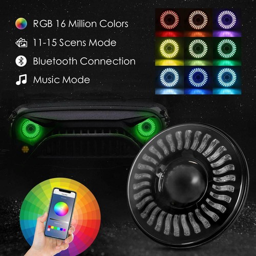 Faro LED RGB 3D de 7 pulgadas Bluetooth APP DRL Hi/Lo para Jeep Wrangler JK TJ LJ - Imagen 6 de 11
