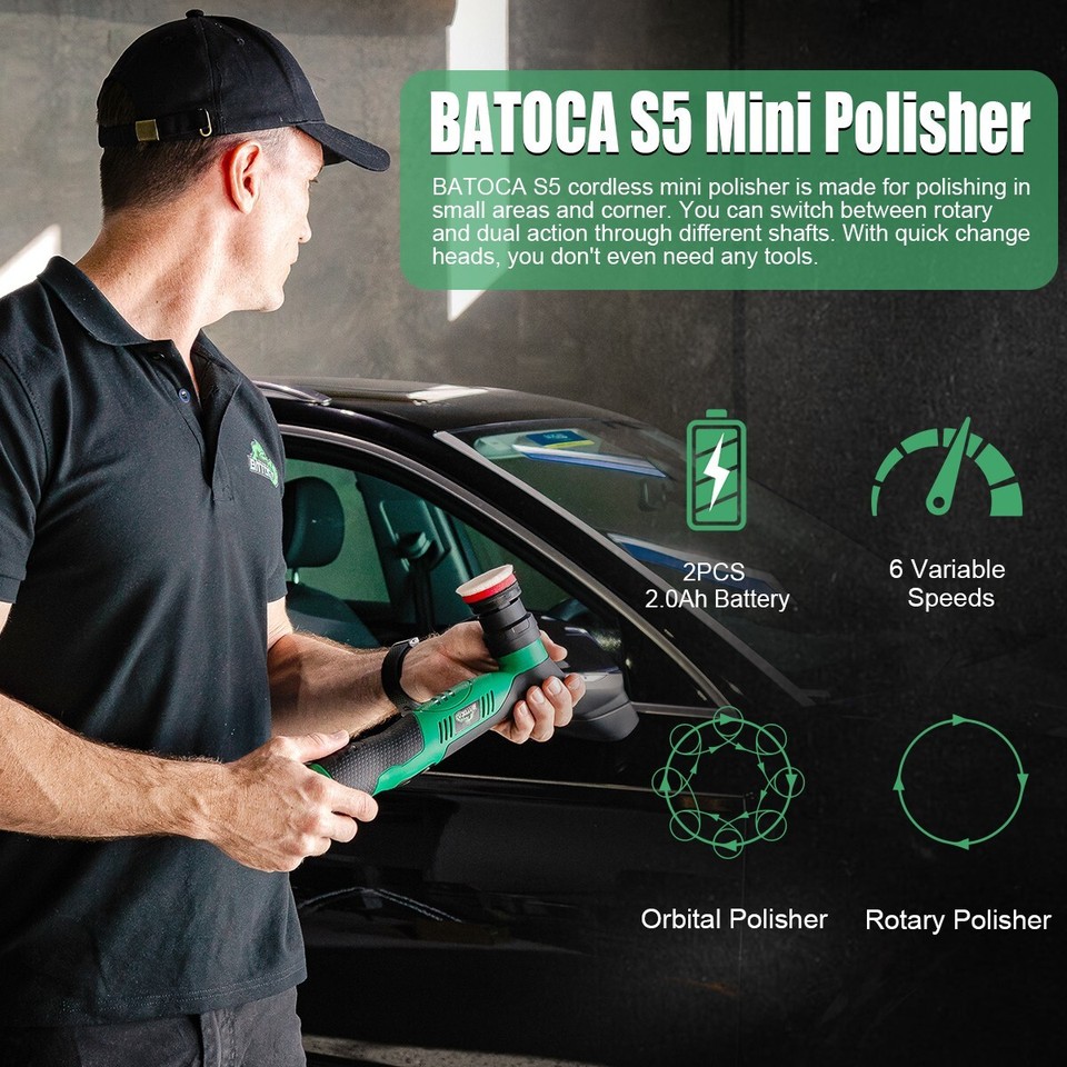 Polisseuse Voiture Sans Fil BATOCA S5 - Kit Avec Pads 25/50/75 Mm, Batterie Li-Ion 2Ah, 6 Vitesses, 120W