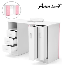 Multi-tier White+Pink Pro Manicure Table Nail Desk Beauty Drawers,Dust Collector