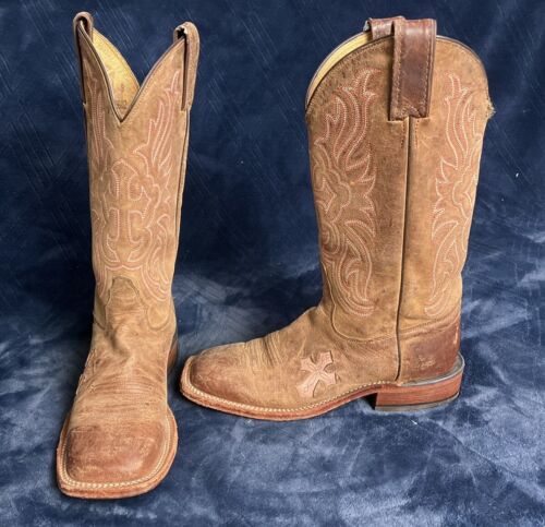 Tony Lama Boots Womens Sz 6 B Brown Leather Square Toe Pink Cross Cowboy Western - Afbeelding 1 van 19