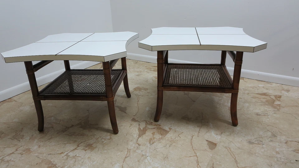 pair vintage mid century rattan brass inlay lamp end tables regency bamboo - Image 3 of 4