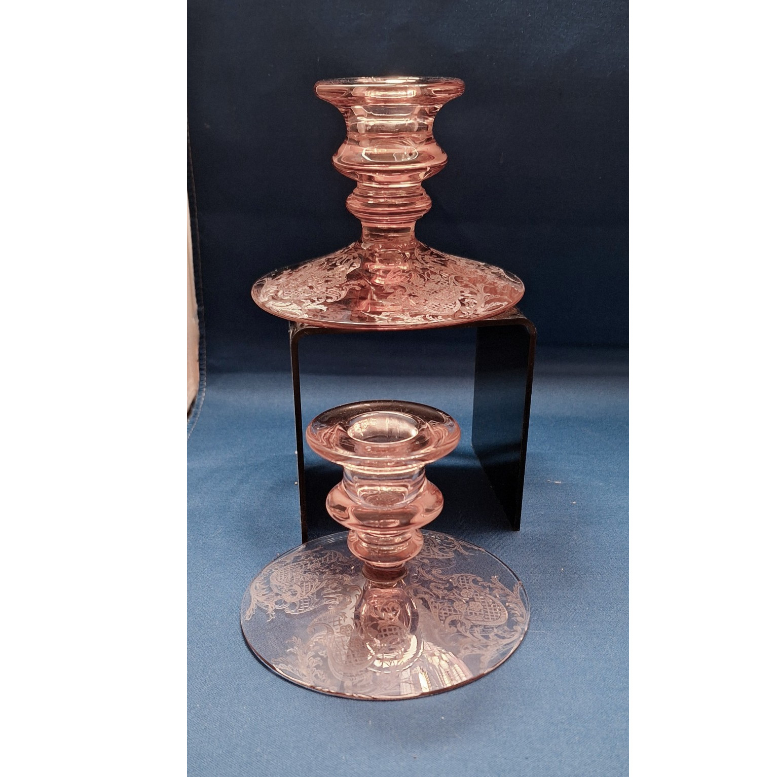 Pair of Pink Glass Floral Etched Round Candle Holders, Glossy Finish