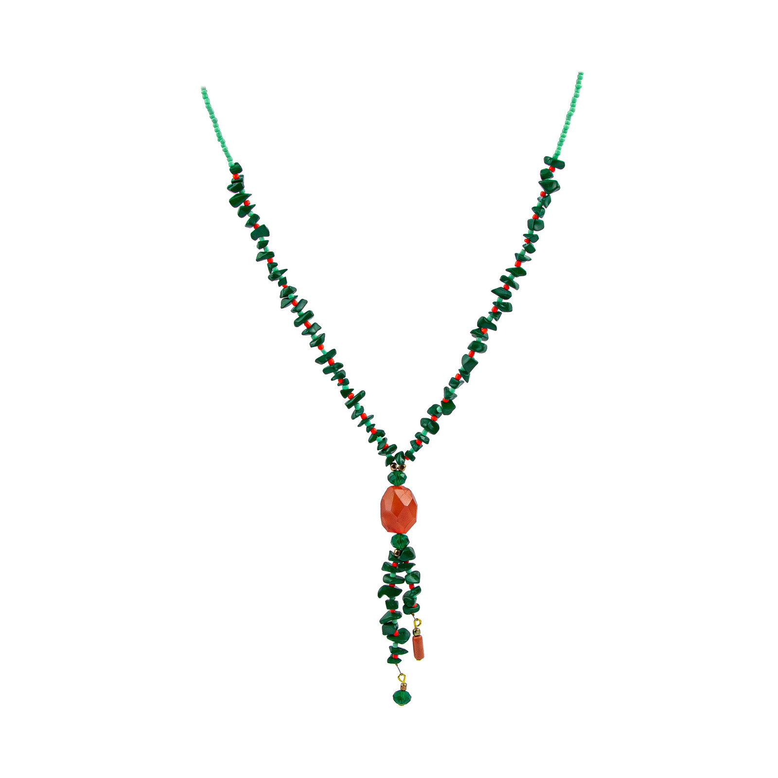 Ожерелье-кисточка для неглиже расшитое бисером из зеленого агата и коралловых кристаллов 2090₽