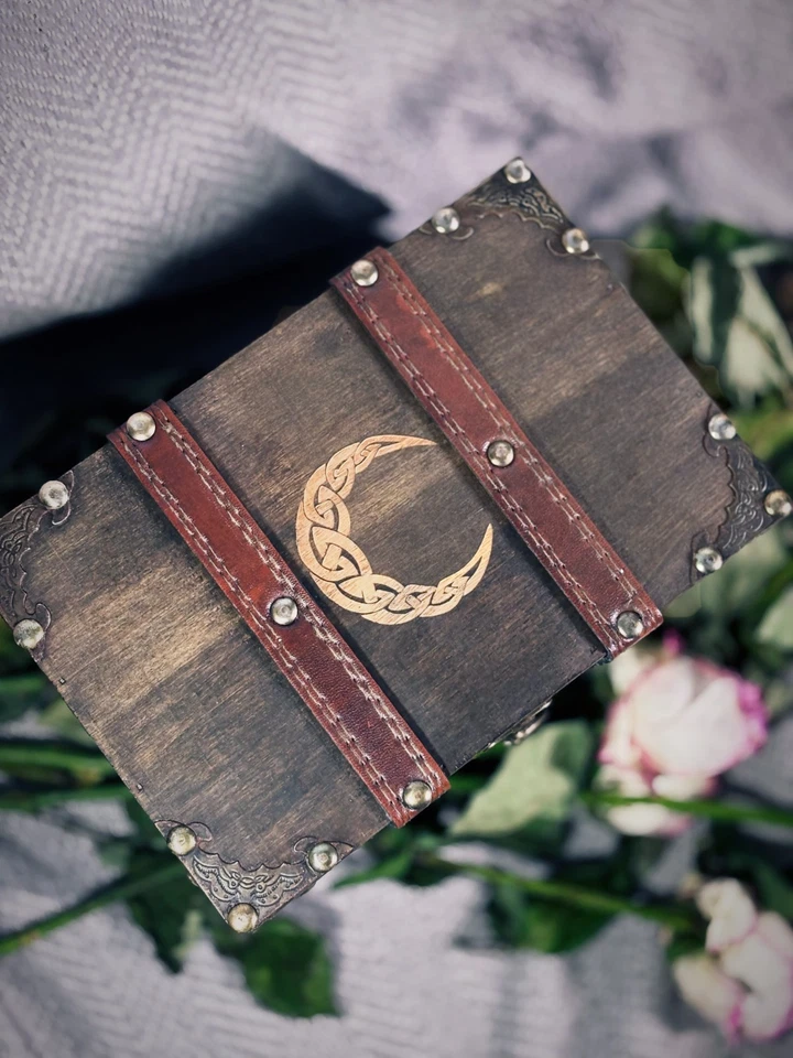 Crescent Celtic Moon Wooden Chest with Velvet Lining & Leather Keepsake Box - Image 4 of 4