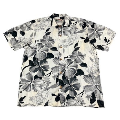 Paradise Found Mens M Hawaiian Shirt Black White Hibiscus Floral Rayon Hawaii
