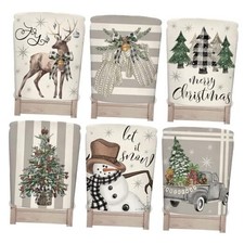 6Pcs Christmas Chair Back Cover Gray White Xmas Tree Truck Reindeer Seat Grey