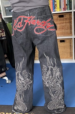 Ed Hardy Herren Jeans schwarz weites Bein Logo-Stickerei Drachen 32 in