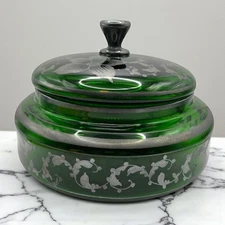 Vintage Green Glass Silver Overlay Covered Divided Dish 6.45 in x 5.5 in