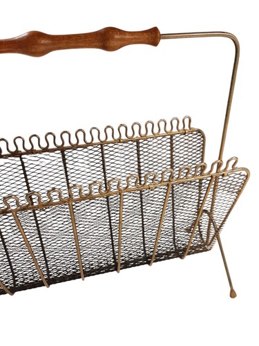 Magazine Rack Metal Wire Teak Wood Brass Vintage Mid Century Mega - Picture 5 of 6