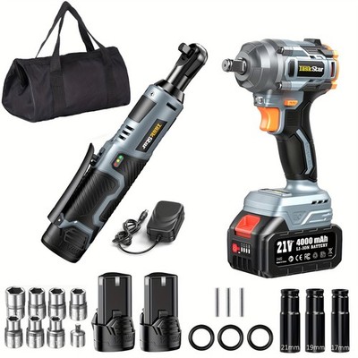 Brushless 450N.M Electric Impact Wrench 12/'' & Cordless Ratchet Wrench 3/8'' 40NM
