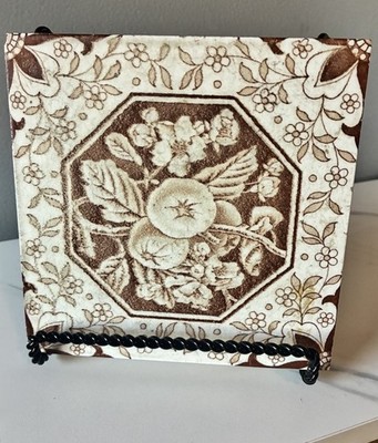 Antique Brown Floral Transferware Tile English Victorian Ceramic 1139 Octagonal