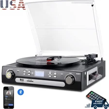 Bluetooth Turntable 3-Speed Record Player USB SD Encoding Cassette AM FM Radio