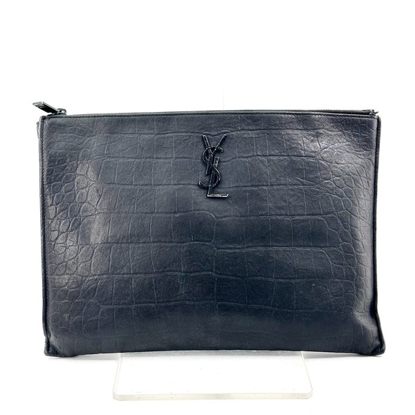 Yves Saint Laurent Clutch Bag Leather Black Cassandre YSL