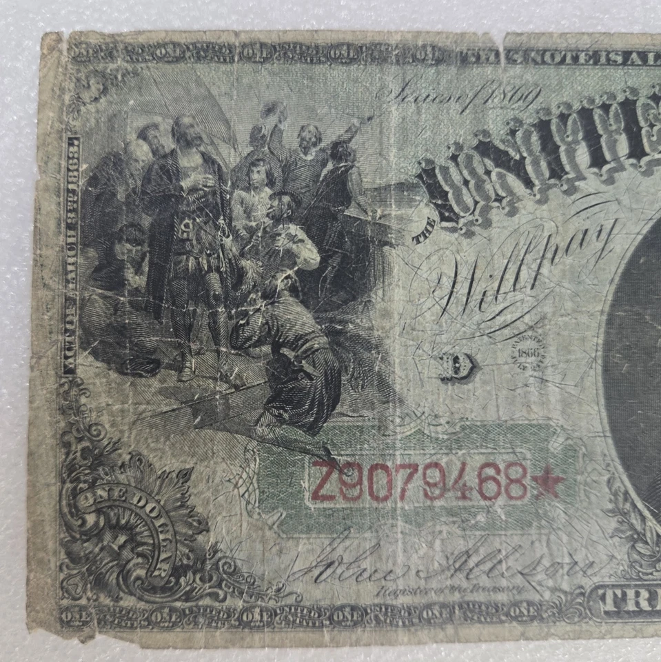 Billete de $1 dólar de 1869 de gran tamaño legal arco iris raro estrella roja  Foto 4 de 4