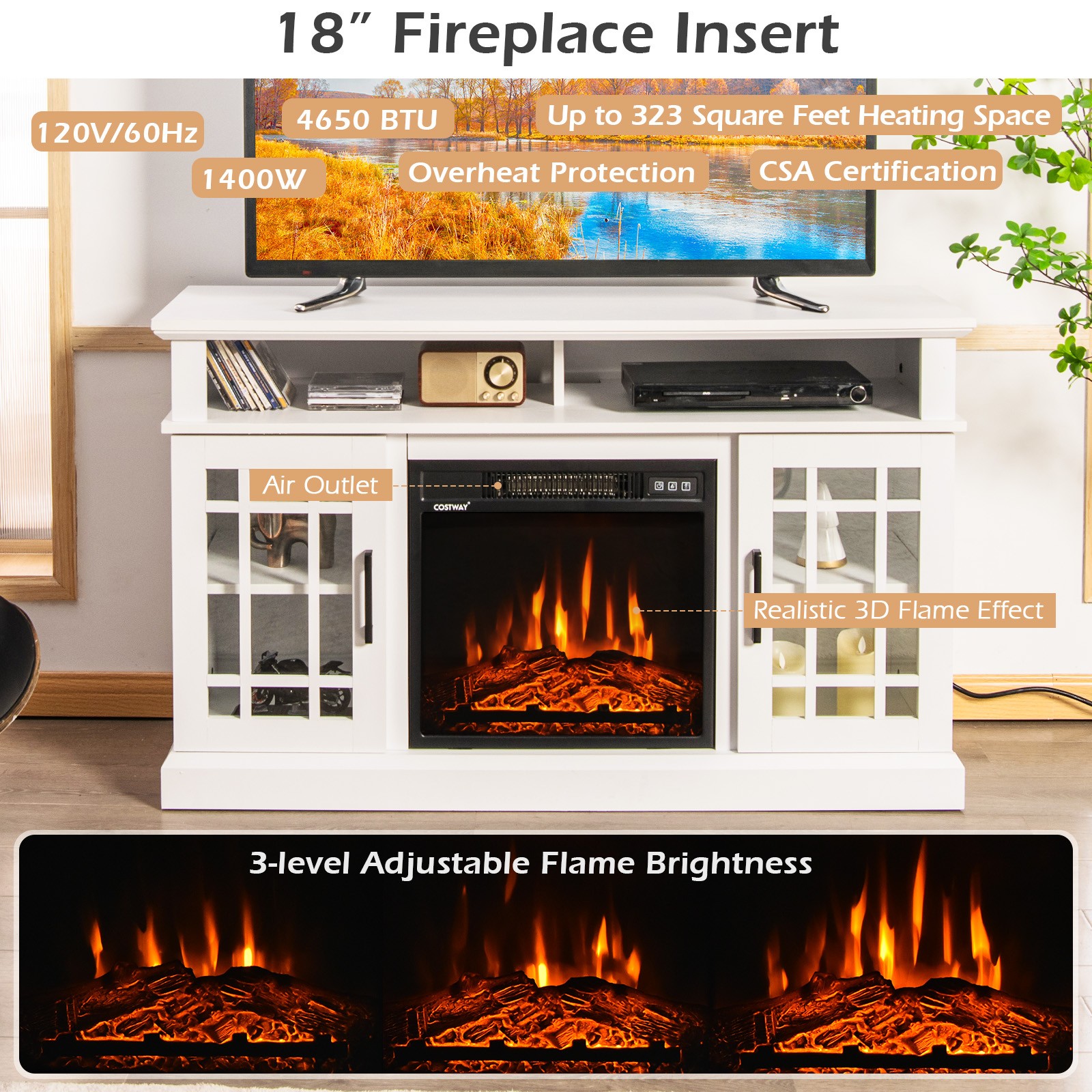 Fireplace TV Stand 48" W/ Electric 1400W Fireplace for TVs up to 50 Inches