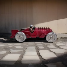 HUBLEY Red Cast Iron Boat Tail Race Car 12 Piston Animated Flames Speed Racer