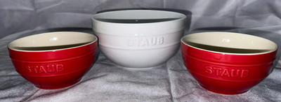 LOT OF 3 Staub stoneware 2x small RED bowls & 1x MEDIUM WHITE BOWL-USED