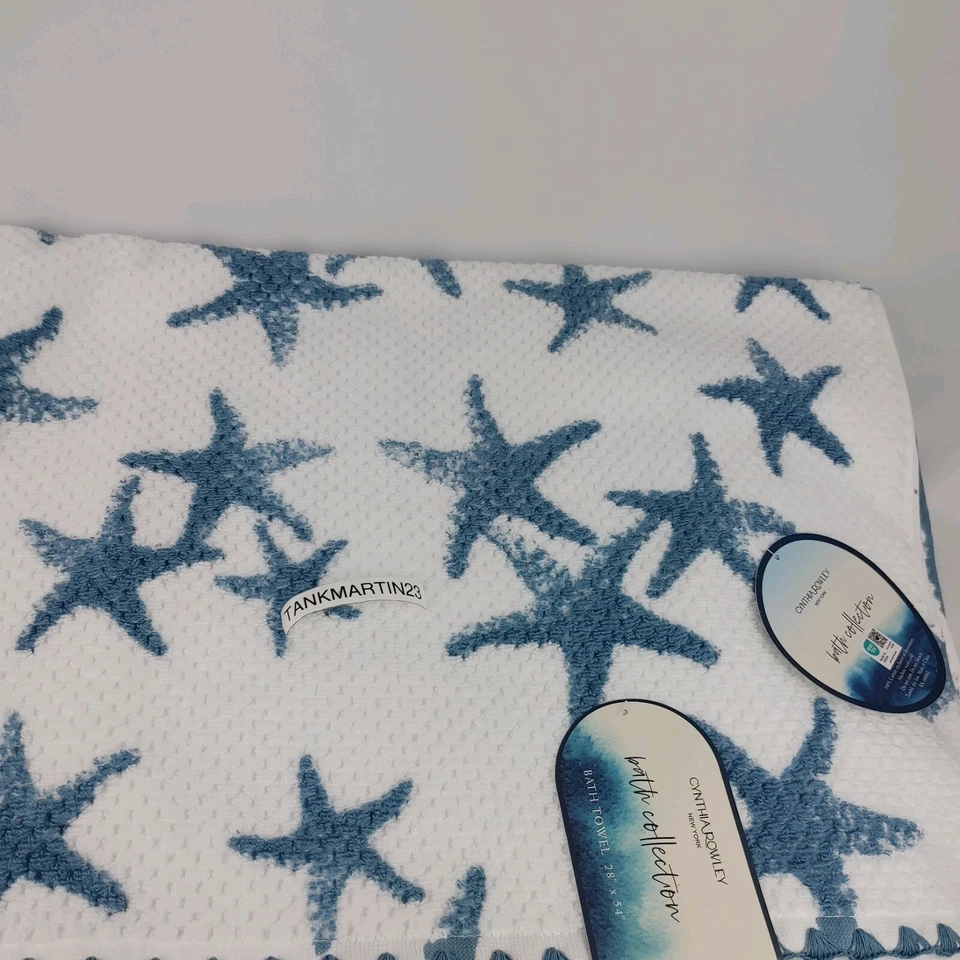 4 Set Cynthia Rowley 2 Bath & 2 Hand Towels Starfish Coastal Texture White Blue - Image 3 of 4