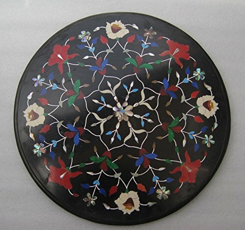23-Inch Black Marble Coffee Table with Handmade Pietra Dura Inlay