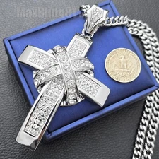 Large Cross Hip Hop Iced CZ Silver PT Pendant & 6mm 24" 30" Cuban Chain Necklace