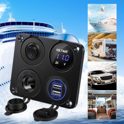 4 in 1 Panel Dual USB Socket Charger+LED Voltmeter+12V Power Outlet For Car Boat