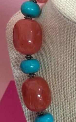 Beautiful CHUNKY Large Turquoise Beads Blue Orange Rare Vintage Womens Necklace - Picture 3 of 10