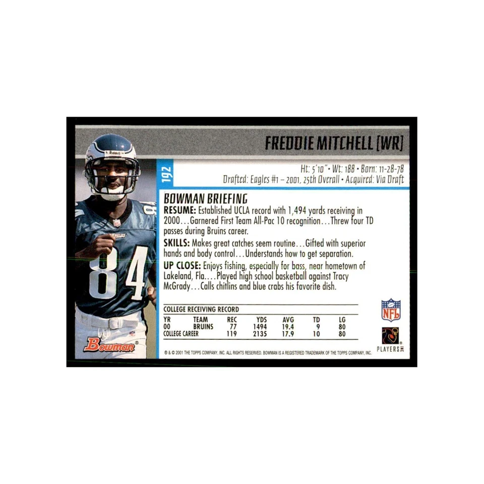 2001 Bowman Freddie Mitchell RC Football Cards #192 - Image 2 of 3