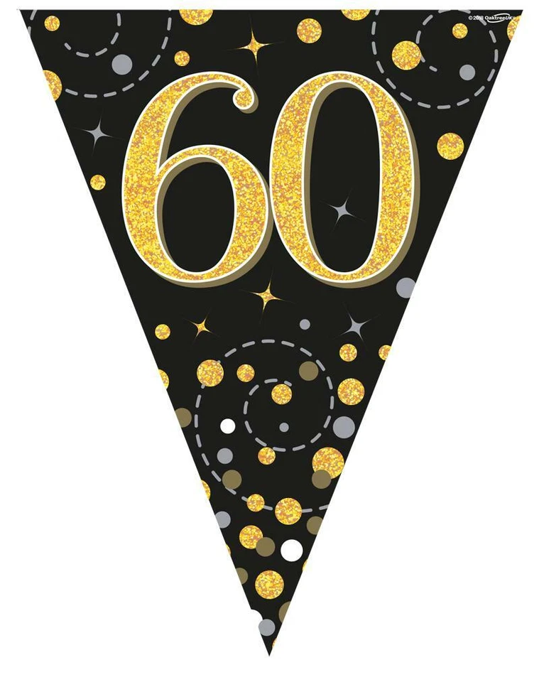OAKTREE 60th Birthday Party Bunting Garland Black Gold Banner Age 60 Party Decoration