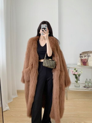 Women Real Fox Fur Knitted Long Trench Coat Overcoat Winter Warm Fashion Outwear