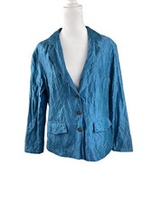 Chico's 1 US M 8 Jacket Blazer Silk Blend Blue Embroidered Lined Pockets