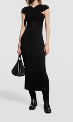 $1790 Gabriela Hearst Women's Black Eno Crossover Rib Tea-Length Dress Size XS