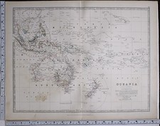1881 Large Antique Carte Océanie Polynésie Australie Neuf Zealnd Neuf Guinea