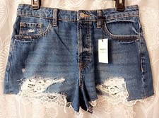NWT Forever 21 Distressed Ripped Lace Button Fly Denim Cutoff Booty Shorts sz 28