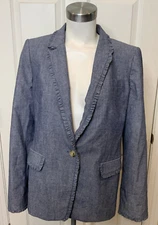 J. Crew Blue Chambray Regent Ruffle Trim Blazer, Size 12
