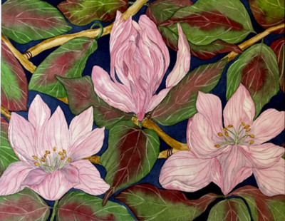 PAINTING WATERCOLOR MAGNOLIA FLOWER PINK LAVENDER 11X14 & DOUBLE WHITE MAT 16X20
