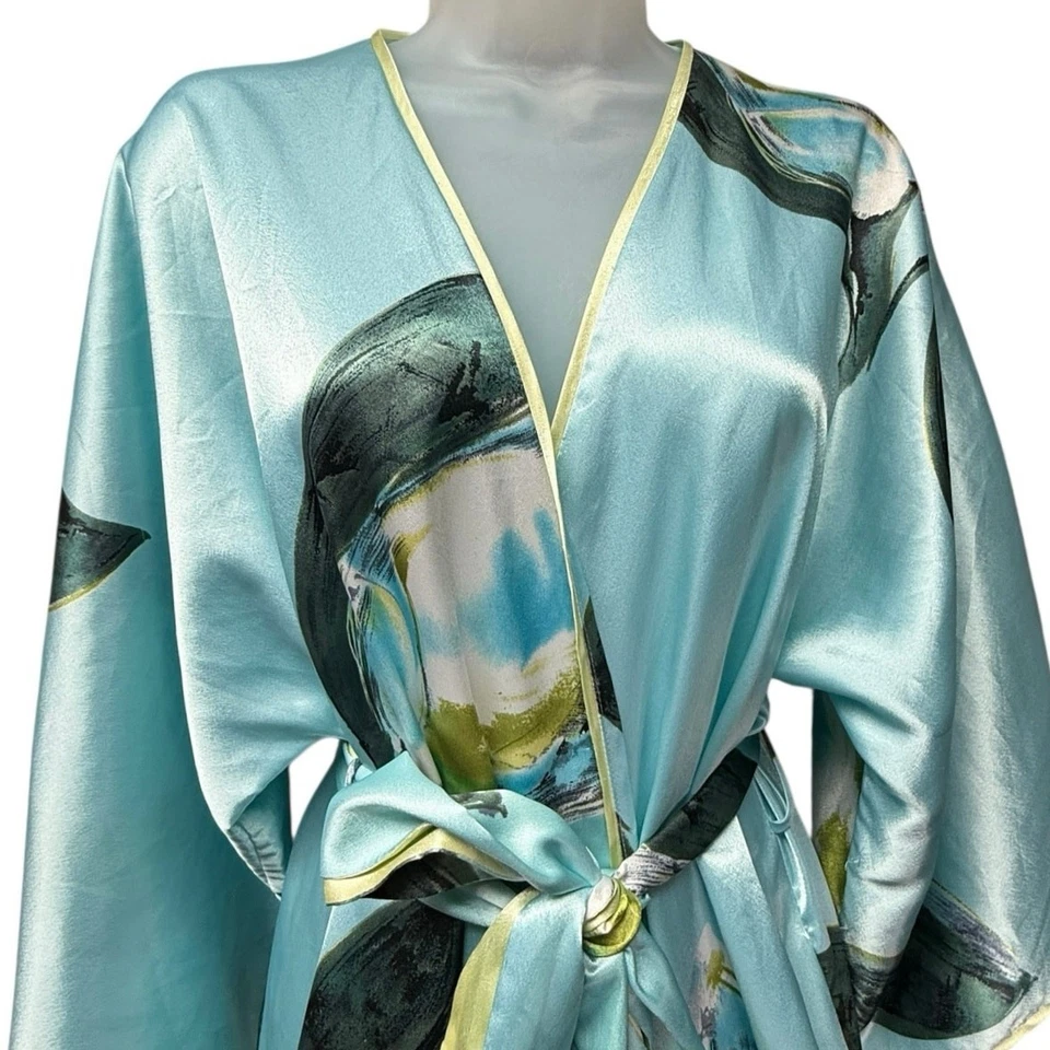 "Ropa de dormir Natori Kimono talla mediana satinada floral azul verde larga 58""" Foto 2 de 4