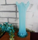 MCM Fenton Blue Opalescent Glass Swung Vase Ribbed Collectible