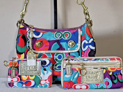 Coach POPPY multicolor Satchel🌺 3 PC SET 13834 Wallet, Wristlet